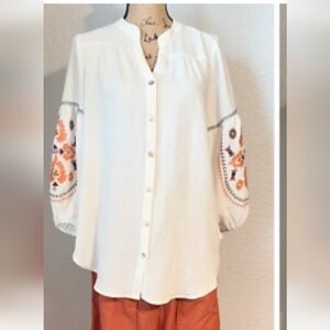 AWESOME Fig and Flower Embroided Peasant Blouse Balloon Sleeve